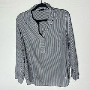 Olsen Grey Black White Striped Long Sleeve Collared V Neck Shirt XL